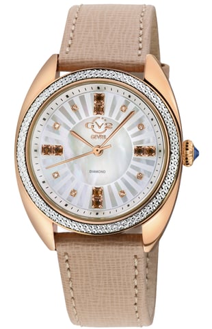 Reloj Palermo Diamond GV2 para mujer, caja IPRG de acero inoxidable 316L, esfera azul MOP Dk, correa de cuero genuino hecha a mano en color canela