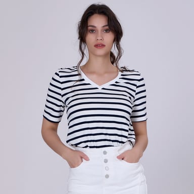 V neck stripes cotton T-shirt