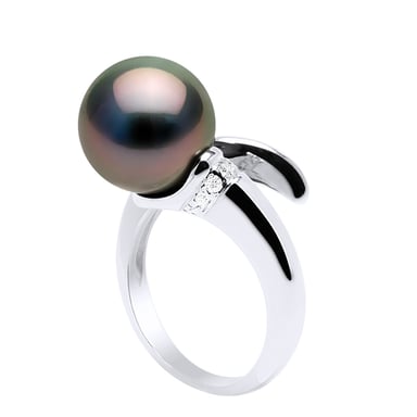 Ring Jewelry Prestige Spiral - Diamonds 0,10 Cts - Real Cultured Tahiti Pearl Round 10-11 mm