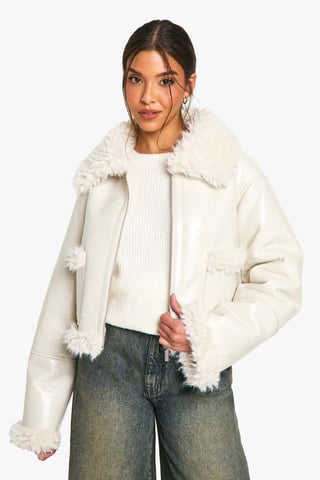 Vinyl Faux Fur Trim Jacket