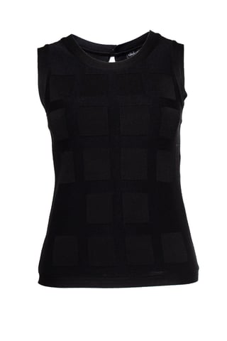 black woven top with structured print