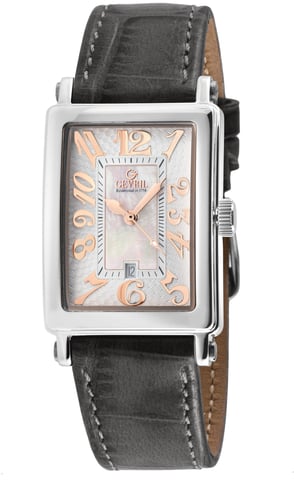 Gevril Ave of Americas Mini caja de acero inoxidable para mujer, reloj con esfera blanca MOP, correa de cuero genuino hecha a mano de color carbón
