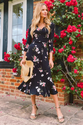 Black & White Floral Print Jersey Midi Dress