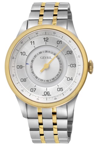 Gevril Jones St. Automático suizo para hombre, caja SS, esfera blanca con bisel YG, reloj de pulsera SS IPYG de dos tonos