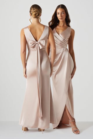 Bow Back V Neck Satin Bridesmaids Dress