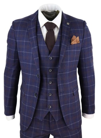 Traje retro de lana a cuadros azul marino de 3 piezas para hombre