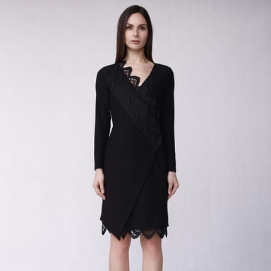 Knit wrap dress with scalloped edge lace