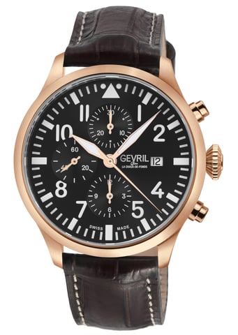Gevril Reloj Vaughn de acero inoxidable 316L RG para hombre, esfera negra, reloj de cuero genuino marrón