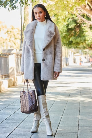 Taupe Premium Faux Fur Coat With Button Detail