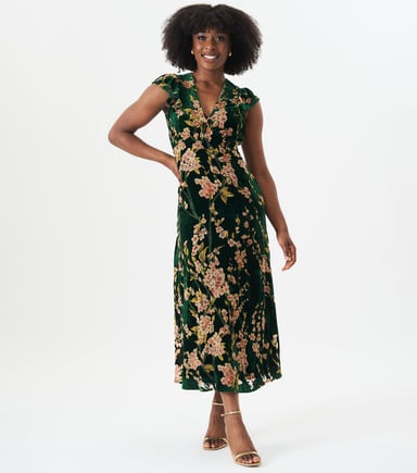 Vestido midi con cuello en V y volantes florales Devore verde