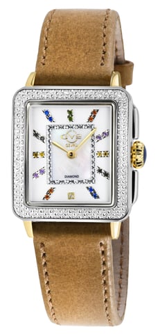 GV2 Reloj Padova para mujer con piedras preciosas, reloj Geniuine Light Tan Lether