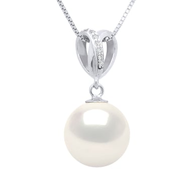 Pendant Double Knot White Gold - Diamonds 0,03 Cts - Real Cultured Freshwater Pearl Round 10-11 mm