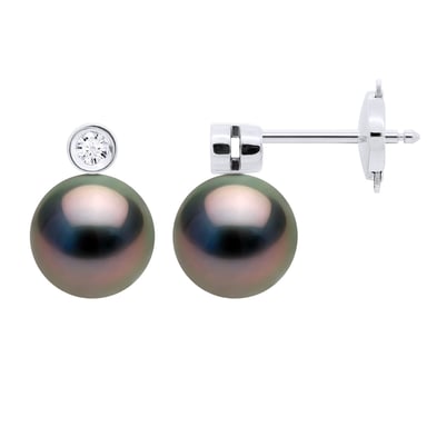 Earrings Jewelry Prestige Diamonds 0.06 Cts - CLOSED SET 2 x 0,03 Cts - with Real Cultured Tahiti Pearls Round 8-9 mm