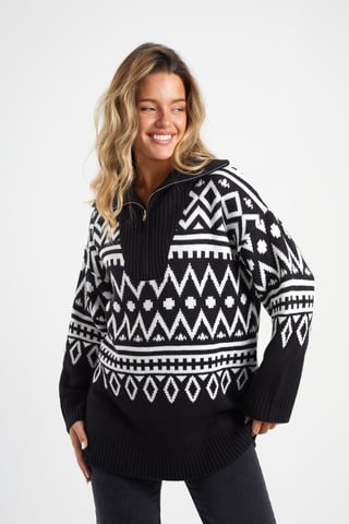 Black Oversized Zip Neck Knitted Pattern Jumper