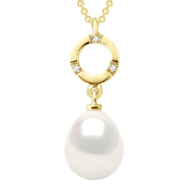 Necklace Jewelry Diamond 0.01Cts Yellow Gold and Real Cultured Freshwater Pearl Pear 9-10 mm