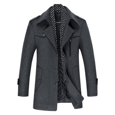 Men's Winter Thickened Solid Color Lapel Casual Wool Coat with Striped Collar Grey