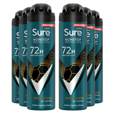 Sure Men Nonstop Protection 72H Anti-Perspirant Deodorant Sport Cool 150ml, 6pk