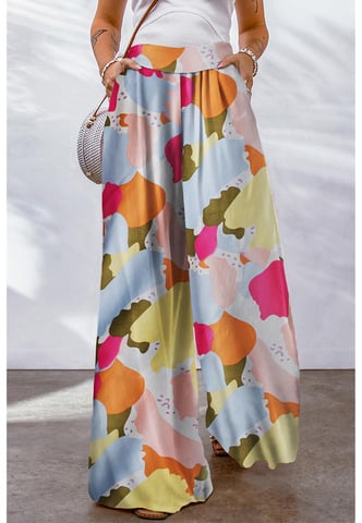 Pantalones de pierna ancha de estampado de paleta de colores para mujer en multicolor