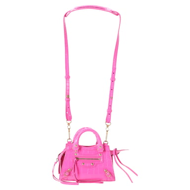 Balenciaga Nano Neo Classic City Crocodile-Embossed Top Handle Bag in Pink Leather