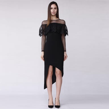 Fitted cocktail dress in sheathing jersey, tulle and lace