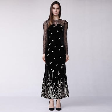 Long golden embroidered velvet dress
