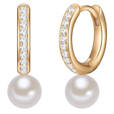 Hoop earring sterling silver yellow gold freshwater cultured pearl white zirconia white Valero Pearls