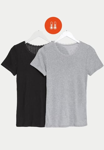 Lote de 2 camisetas térmicas de pointelle de manga corta para mujer en gris/negro