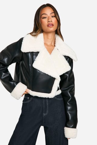 Tall Faux Fur Lined Cropped Leather Jacket
