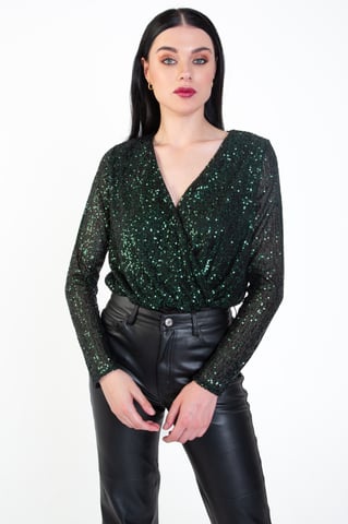 Sequin Wrap Long Sleeves Bodysuit