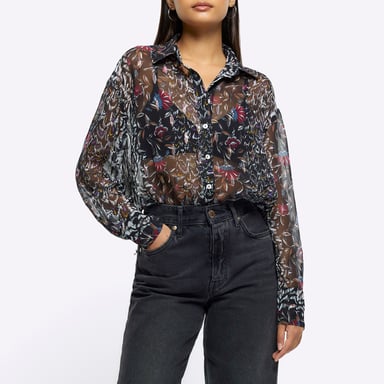 River Island Womens Shirt Black Chiffon Floral Long Sleeve