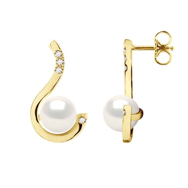 Earrings Prestige - Diamonds 0,08 Cts - Quality HSI - White Gold - Real Cultured Freshwater Pearls Round 7-8 mm
