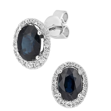 Pendientes de tuerca de oro blanco de 9 quilates con diamantes y piedras preciosas de zafiro de talla ovalada
