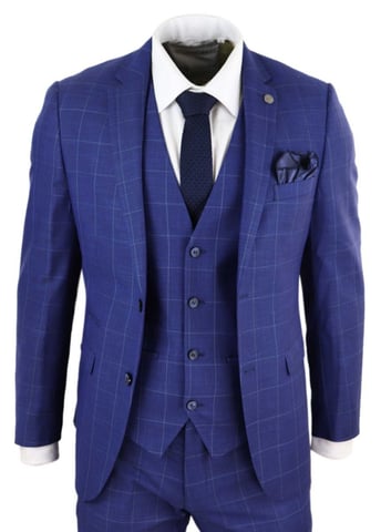 Traje retro vintage a cuadros azul real de 3 piezas para hombre