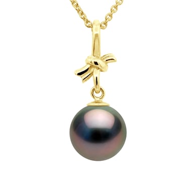 Pendant KNOT - Yellow Gold - Real Cultured Tahiti Pearl Round 9-10 mm