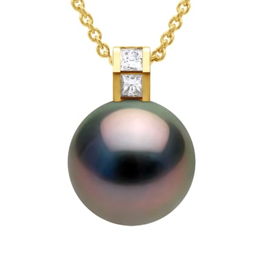 Pendant Jewelry Prestige Diamond 0.04 Cts - Size Princess - Real Cultured Tahiti Pearl Round 11-12 mm