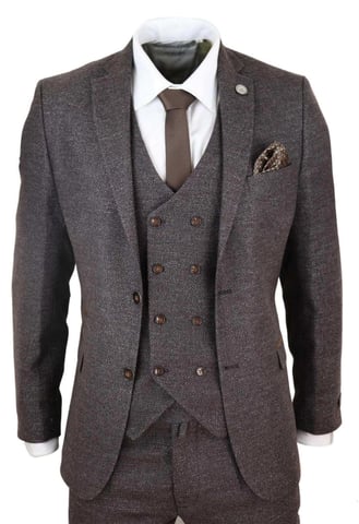 Traje de tres piezas de lana marrón para hombre, cruzado, de tweed, Peaky Blinders, años 20