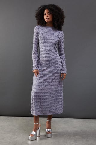 Textured Mesh Stand Neck Midi Dress