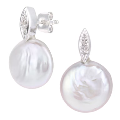 Pendientes de oro blanco de 9 quilates, diamantes de 0,01 quilates y perlas cultivadas blancas