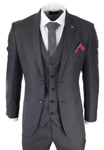 Traje retro clásico de 3 piezas con puntadas en gris carbón para hombre