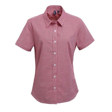 Premier Womens/Ladies Micro Gingham Check Cotton Short-Sleeved Shirt (Red/White)