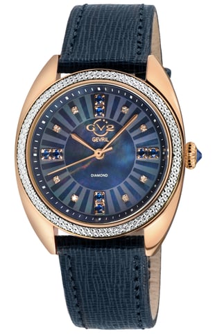 Reloj Palermo Diamond GV2 para mujer, caja IPBK de acero inoxidable 316L, esfera negra MOP, correa de cuero genuino hecha a mano en color negro