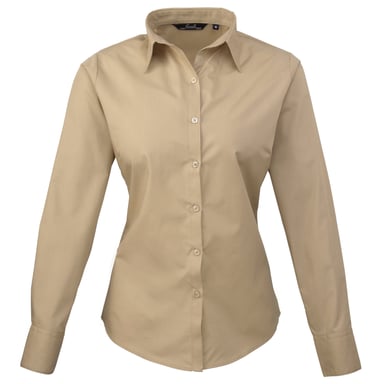 Premier Womens/Ladies Poplin Long Sleeve Blouse / Plain Work Shirt (Khaki)