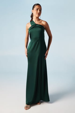 Asymmetric Neckline Satin Bridesmaids Maxi Dress