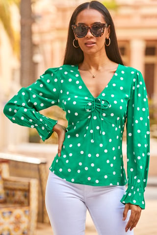 Green & White Spot Print Tie Detail Blouse