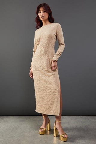 Jersey Jacquard Slash Neck Scoop Back Midi Dress
