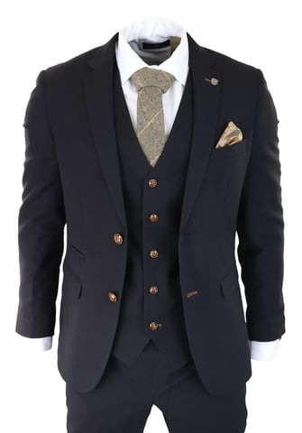 Traje negro de 3 piezas para hombre, con ribete marrón, clásico, estilo ojo de pájaro, estilo vintage, para boda o novio