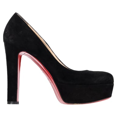 Christian Louboutin Round Toe Chunky Heel Platform Pumps in Black Suede