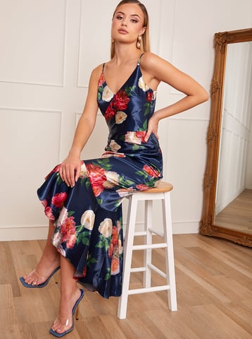 Petite Sleeveless Floral Print Midi Dress in Navy