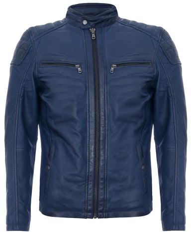 Chaqueta de motociclista con cremallera y acolchado vintage de cuero azul marino