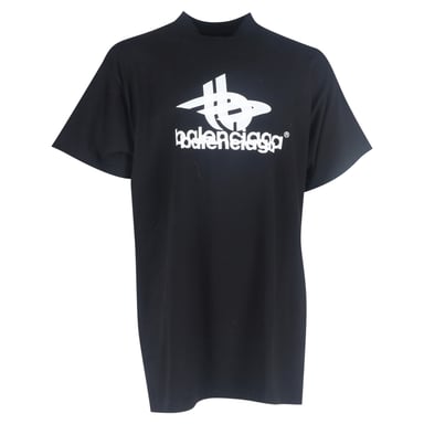 Balenciaga Logo Print Mock Neck T-Shirt in Black Cotton